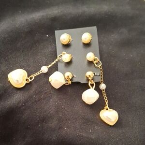 Elegant Gold and Pearl Heart Earrings Set